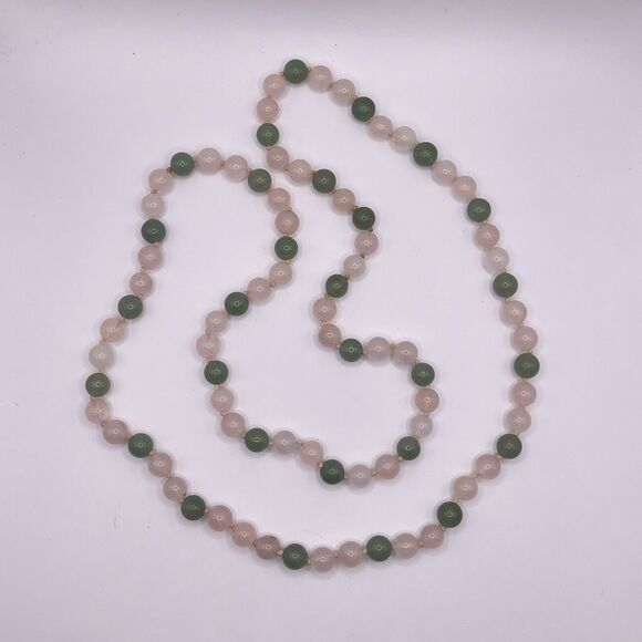 Vintage Rose Quartz Jade Hand Knotted Stone Beaded Necklace 32" Long Pink Green - Picture 4 of 8